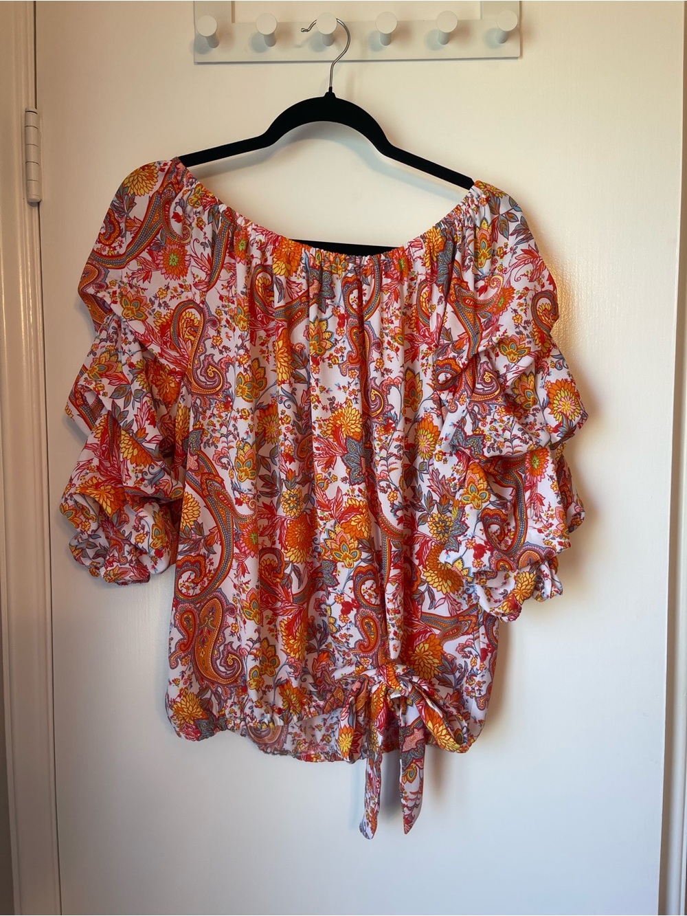 CeCe Off-Shoulder Ruffle Paisley Blouse in White, Orange & Red